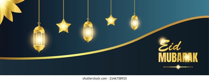 Golden Eid Mubarak Banner and Poster Template With Illuminated Lanterns Hang and Star Decoration