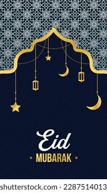 Golden Eid Mubarak Banner and Poster Template With Illuminated Lanterns Islamic Ornament Star and Crescent Moon