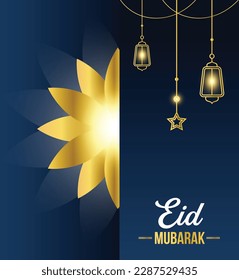 Golden Eid Mubarak Banner and Poster Template With Illuminated Lanterns Islamic Ornament Star and Gold Flower