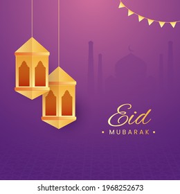 Golden Eid Mubarak Font With Hanging Lanterns On Purple Silhouette Mosque Background.