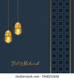 Golden Eid Mubarak Font With Lit Lanterns Hang On Gray Islamic Pattern Background.