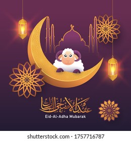 Golden Eid-Al-Adha Mubarak Calligraphy with Crescent Moon, Cartoon Sheep, Hanging Illuminated Lanterns, Paper Cut Mosque and Mandala Pattern on Gradient Purple Background.