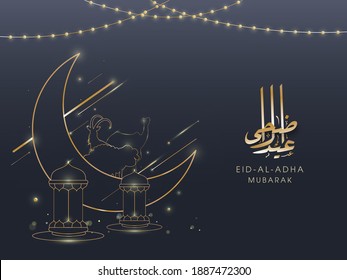 Golden Eid-Al-Adha Mubarak Calligraphy with Line Art Crescent Moon, Animals, Lanterns and Lighting Garland Decorated on Grey Background.