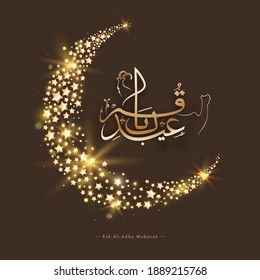 Golden Eid-Al-Adha Mubarak Caligrafia com Line Art Camel, Goat e Lua Crescente feita por Estrelas Brilhantes no Fundo Marrom.