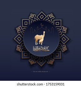 Golden Eid-Al-Adha Mubarak Calligraphy with Silhouette Camel, Goat and Line Art Mosque on Blue Paper Cut Vintage Circular Frame.