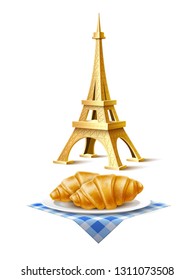 Golden eiffel tower and french croissant at dish. Landmark of France set. Paris touristic vacation place, monument and traditional food element. Famous showplace and cuisine dish. Vector illustration