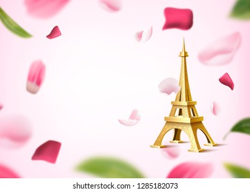 Golden eiffel tower on background of rose flower petals and leaves. Honeymoon, dating invitation design. Realistic historical monument, symbol of paris on floral backdrop. Romantic vector illustration