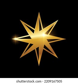 Golden Eight Star Pointed Vector Sign illustration in black background with gold shine effect