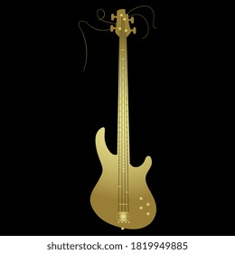 Golden electric bass guitar on black background. Isolated vector illustration.