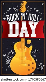 Golden electric guitar, greeting and ribbon over a chalkboard with rocker doodles promoting Rock 'N' Roll Day.