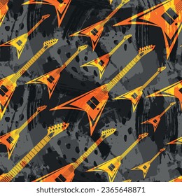 Golden electric V form guitar over dark grey water color background effect seamless pattern