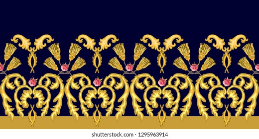 	
Golden elegance pattern with baroque motifs. Realistic scrolls, leaves, brushes and other decorative elements on black background. Vintage design collection.