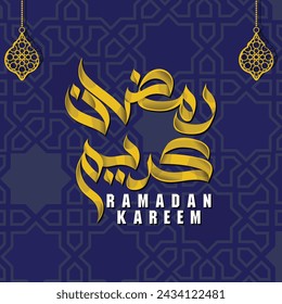 Golden Elegance: Ramadan Kareem
 A beautiful representation of the holy month of Ramadan, featuring intricate golden Arabic calligraphy against a deep blue geometric patterned background. 