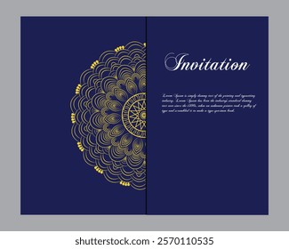 "Golden Elegance: A Timeless Invitation Design with Ornamental Mandala Art on Navy Blue"