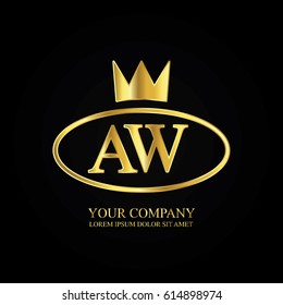 golden elegant aw initial letter with crown typography design logotype for brand and company identity. gradient gold color