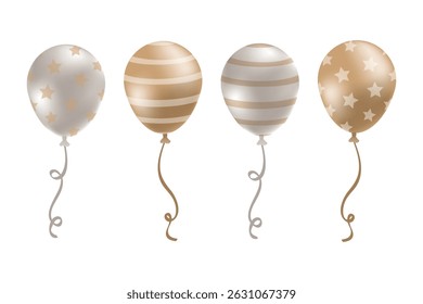 Balões elegantes dourados com padrões metálicos e cordas em espiral, ideais para eventos de luxo ou celebrações.