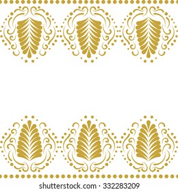 Golden elegant border in damask retro style. Leaf ornament with swirls, fan or feather motifs with dotted row. For border cloth or invitations.
