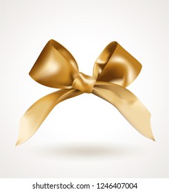 Golden elegant bow with knot isolated on white background. Realistic vector illustration.