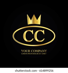 golden elegant cc initial letter with crown typography design logotype for brand and company identity. gradient gold color