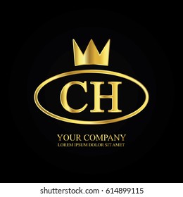 golden elegant ch initial letter with crown typography design logotype for brand and company identity. gradient gold color