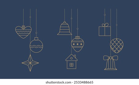 Silueta lineal de contorno elegante dorado de juguete de chuchería de Navidades, bola, estrella. Decoración de Vector de Navidades de Festiva para tarjeta, Anuncio, cartel.