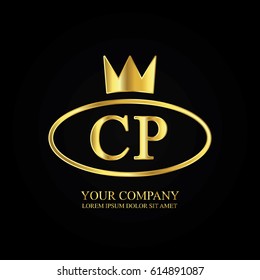 golden elegant cp initial letter with crown typography design logotype for brand and company identity. gradient gold color