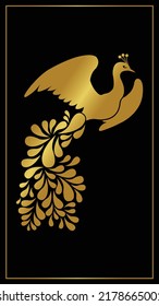 Golden elegant flying peacock vector art silhouette, Gold color creative peacock vector illustration, Isolated on black background.