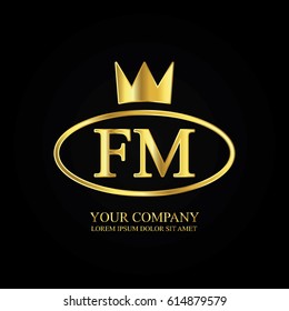 golden elegant fm initial letter with crown typography design logotype for brand and company identity. gradient gold color