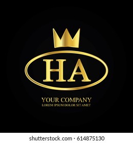 golden elegant ha initial letter with crown typography design logotype for brand and company identity. gradient gold color