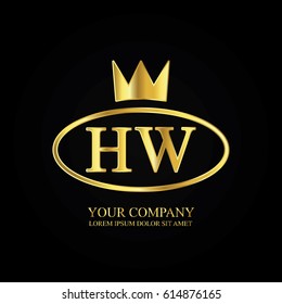 golden elegant hw initial letter with crown typography design logotype for brand and company identity. gradient gold color