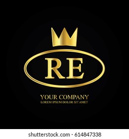 golden elegant re initial letter with crown typography design logotype for brand and company identity. gradient gold color