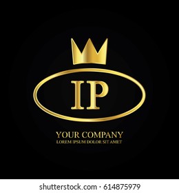 golden elegant ip initial letter with crown typography design logotype for brand and company identity. gradient gold color