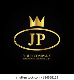 golden elegant jp initial letter with crown typography design logotype for brand and company identity. gradient gold color