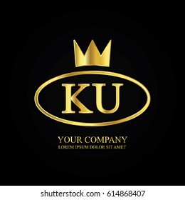 golden elegant ku initial letter with crown typography design logotype for brand and company identity. gradient gold color