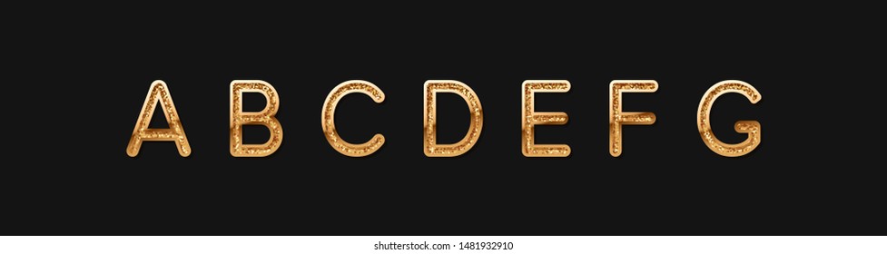 Golden elegant letter A, B, C, D, E, F, G. Chic Design sign isolated on black background. Gold Alphabet, font luxury. vector illustration