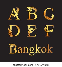 Golden elegant letter A, B, C, D, E, F with Thai art elements. Vector