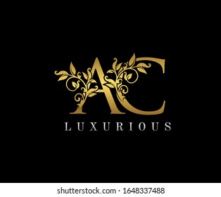Golden Elegant letter A,C and AC. Graceful royal style. Calligraphic beautiful logo. Vintage drawn emblem for book design, weeding card, brand name, business card, Restaurant, Boutique, Hotel. 