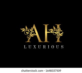 Golden Elegant letter A,H and AH. Graceful royal style. Calligraphic beautiful logo. Vintage drawn emblem for book design, weeding card, brand name, business card, Restaurant, Boutique, Hotel. 