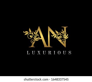 Golden Elegant letter A,N and AN. Graceful royal style. Calligraphic beautiful logo. Vintage drawn emblem for book design, weeding card, brand name, business card, Restaurant, Boutique, Hotel. 