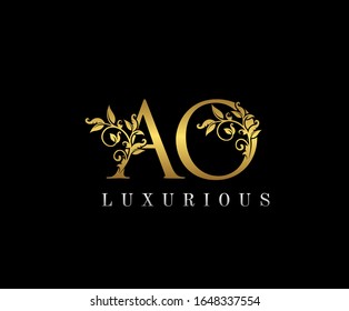 Golden Elegant letter A,O and AO. Graceful royal style. Calligraphic beautiful logo. Vintage drawn emblem for book design, weeding card, brand name, business card, Restaurant, Boutique, Hotel. 