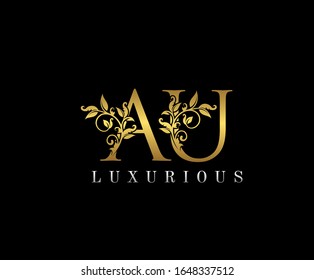 Golden Elegant letter A,U and AU. Graceful royal style. Calligraphic beautiful logo. Vintage drawn emblem for book design, weeding card, brand name, business card, Restaurant, Boutique, Hotel. 