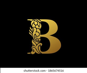 Golden Elegant letter B. Graceful Ornate style. Calligraphic beautiful logo. Vintage drawn emblem for book design, brand name, business card, Restaurant, Boutique, Hotel.