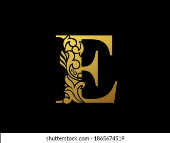 Golden Elegant letter E. Graceful Ornate style. Calligraphic beautiful logo. Vintage drawn emblem for book design, brand name, business card, Restaurant, Boutique, Hotel.