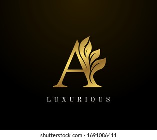 Golden Elegant letter A Floral logo. Vintage drawn emblem for book design, weeding card, brand name, business card, Restaurant, Boutique, Hotel. 