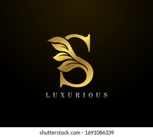 Golden Elegant letter S Floral logo. Vintage drawn emblem for book design, weeding card, brand name, business card, Restaurant, Boutique, Hotel. 