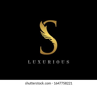 Golden Elegant letter S. Graceful royal style. Calligraphic beautiful logo. Vintage drawn emblem for book design, weeding card, brand name, business card, Restaurant, Boutique, Hotel. 