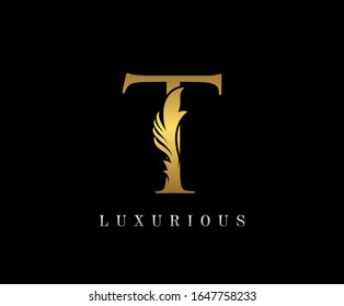 Golden Elegant letter T. Graceful royal style. Calligraphic beautiful logo. Vintage drawn emblem for book design, weeding card, brand name, business card, Restaurant, Boutique, Hotel. 