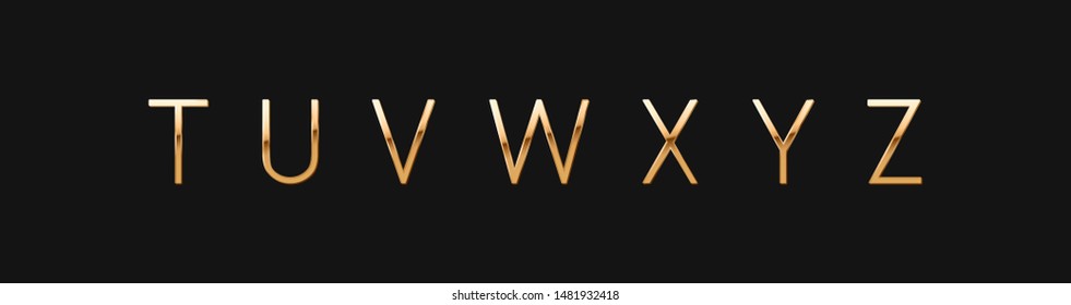 Golden elegant letter T, U, V, W, X, Y, Z. Chic Design sign isolated on black background. Gold Alphabet, font luxury. vector illustration