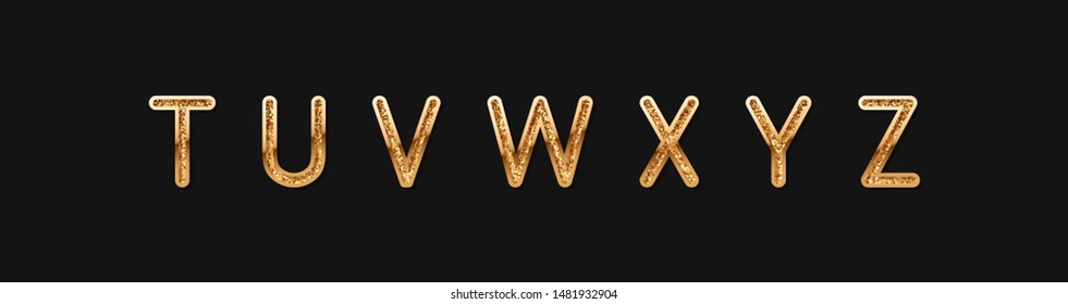 Golden elegant letter T, U, V, W, X, Y, Z. Chic Design sign isolated on black background. Gold Alphabet, font luxury. vector illustration