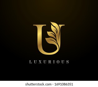 Golden Elegant letter U Floral logo. Vintage drawn emblem for book design, weeding card, brand name, business card, Restaurant, Boutique, Hotel. 